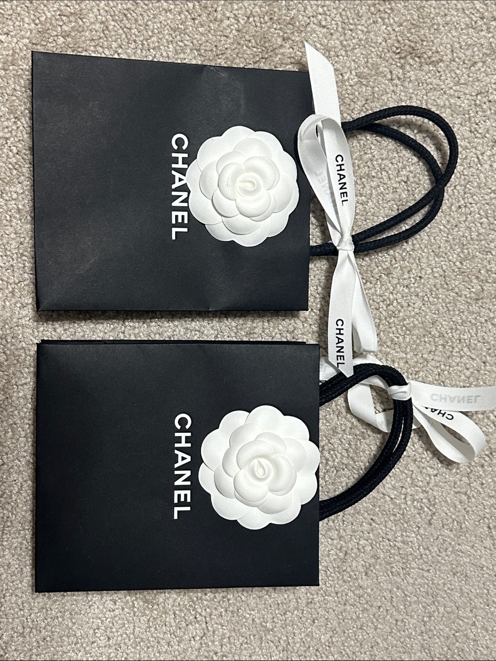 CHANEL Black Mini Gift Bags with White Camellia and Ribbon